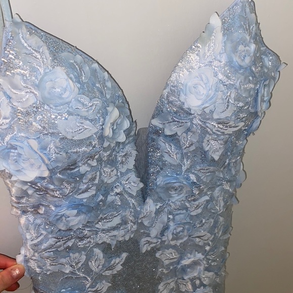 Sherri Hill Blue Lace/Floral Prom Dress - Picture 3 of 5